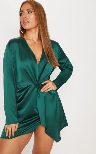 Green Satin Long Sleeve Wrap Dress