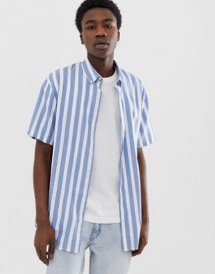 Chemise manches courtes avec rayures verticales - Bleu clair