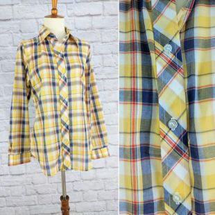 vintage Women’s Camp Shirt Yellow Blue Plaid Taille Petite