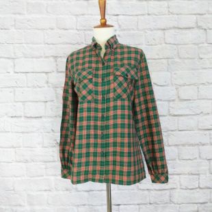 Femmes à carreaux chemise vert rouge plaid bouton up Catalina taille moyenne coton 70 's