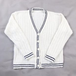 Vintage 1980s Cream Varsity Cardigan Sweater Women’s S/M Navy Blue Stripes
