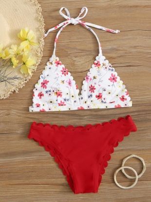 Floral Scallop Trim Triangle Bikini Swimsuit