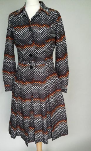70's vintage Pleated Shirt Dress - Orange, Grey, Black - Tru - UK 8-10 / Women's vintage Dresses / Retro Dress / Work And Play Dress