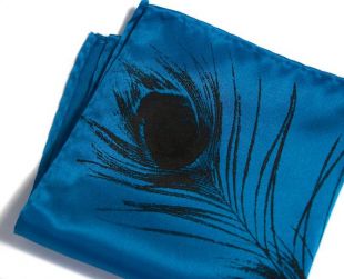 Peacock Feather pocket square. Silkscreened handkerchief. Microfiber hanky. Choose fabric and print color.