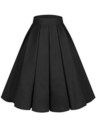 Bridesmay Women's Vintage Pleated Floral Printed A-line Swing Skirt with Pockets Black M