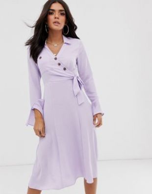 Robe chemise mi-longue à coupe cache-cœur boutonnée