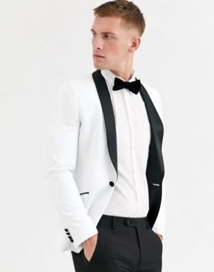 Veste de smoking super ajustée avec revers noirs - Blanc