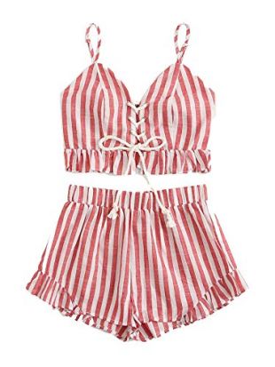 MakeMeChic Women's 2 Piece Outfit Summer Striped V Neck Crop Cami Top with Shorts Red-3 X-Small