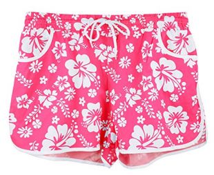 Womens Sports Causal Beach Shorts Printed Elastic Waistband Summer Boardshort Drawstring Pink Floral M