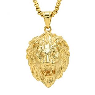 Mens Stainless Steel Large Lion Head 24 Inch Pendant Necklace Chain