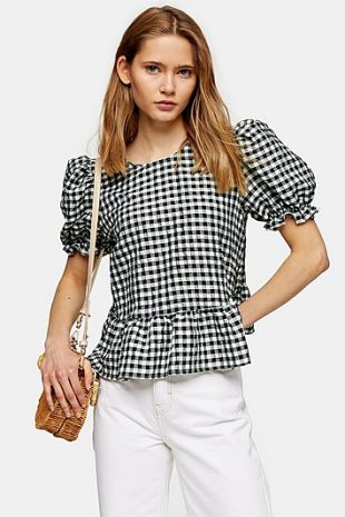 Mint Check Bow Back Puff Blouse