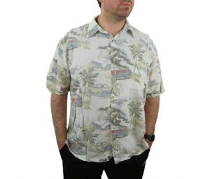 Vintage Boca Classics Big Man Men's CLASSIC CARS Hawaiian Camp Shirt Taille 2X 2XL Chevy Ford Palm Trees Tiki Aloha Short Sleeve Sailing Rayon