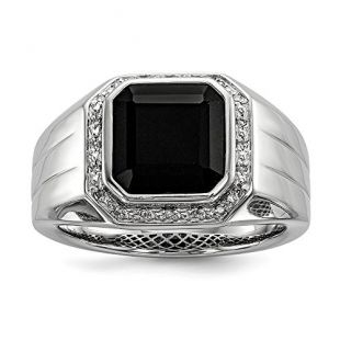 Size 11 Solid 925 Sterling Silver Diamond & Black Simulated Onyx Square Men's Ring
