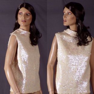 vintage 1960s Top - Mid-Century - Ivory Wool - Mermaid Scale - Sequin Cocktail Top - Marshall Field and Company - Pin Up - Mad Men