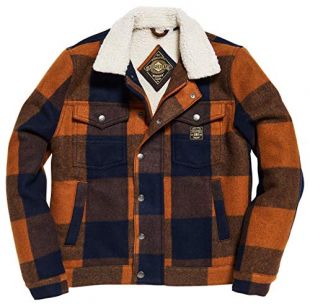 plaid faux shearling lined wool blend trucker jacket