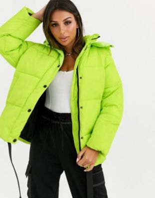 Neon Green Puff Jack­et