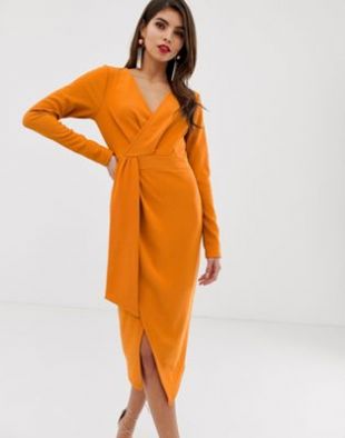 long sleeve wrap midi dress with belt detail