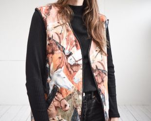 vintage cheval imprimé gilet de poche veste matelassée doublure avec poches Petite taille moyenne