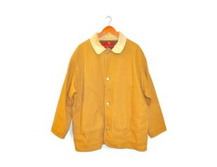 Travail manteau Nautica hommes années 1990 veste beige brun avec rouge à carreaux doublure Zip Up avec col en velours côtelé taille Oversized rigide Medium Baggy