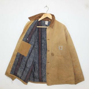 vintage Carhartt Fleece Lined Button Up Canvas Work Coat Jacket Beige