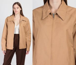Veste Tan Zip Up des années 70 - Grande Homme Vintage Pointed Collar Lightweight Windbreaker Coat