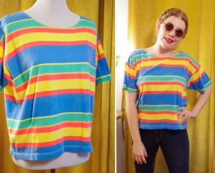 Thick STRIPES 1980's Vintage Bright Pink Blue Neon Striped Cotton Knit Shirt w/ Short Sleeves // size Large // par JL PLUM