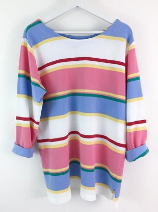 Vintage Women’s Striped Colourful Cotton Top, Taille 10-12 Ladies Long Sleeve Casual Top