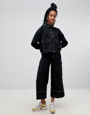 Monki wide leg cargo pants with pockets in black with contrast stitching | ASOS