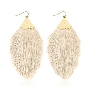 Bohemian Silky Thread Fan Fringe Tassel Statement Earrings - Lightweight Strand Feather Shape Dangles (Feather Fringe - White)