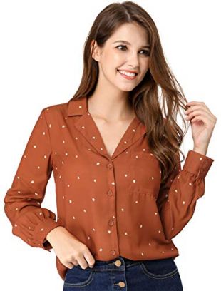 Allegra K Women's Heart Polka Dots Button Up Notched Lapel V Neck Shirt Tops S Brown Red