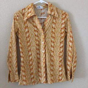 Vintage 70 ' s, jaune, Orange et brun Peacock Feather Blouse.