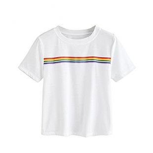 IMJONO Été T-Shirt Femme Casual Court Manche Col Rond Pullover Arc en Ciel Bloc Rayé Surgir Haut École Fille Teen T-Shirts Chemisier Chic(Blanc,S)