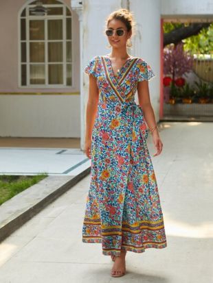 Tribal Print Tie Side Wrap Maxi Dress
