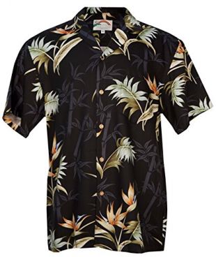Aloha Bamboo Paradise - Men's Hawaiian Print Aloha Shirt - Black - Medium