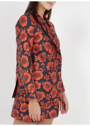 VESTE COL TAILLEUR JACQUARD MOTIF FLEURS  BLEU NUIT