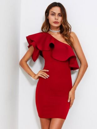 Exaggerated Ruffle One Shoulder Bodycon Dress