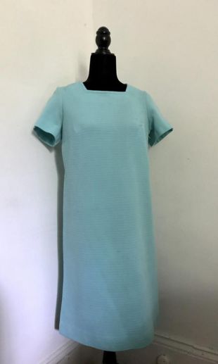 1960s Vtg. "Gloria Swanson Forever Young" Textured Horizontal Striped Baby Blue Sheath Dress
