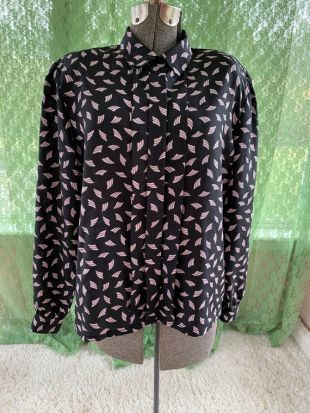Blouse vintage - Black Geometric 80s Shoulder Pads Secretary Style Pleated Bodice