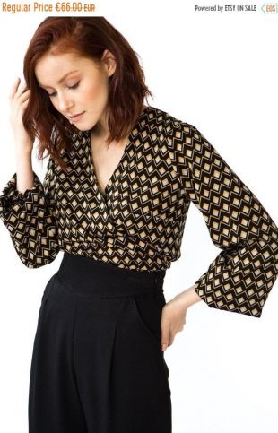 Geometric Wrap Top / Wrap Blouse / Bishop Sleeve Blouse