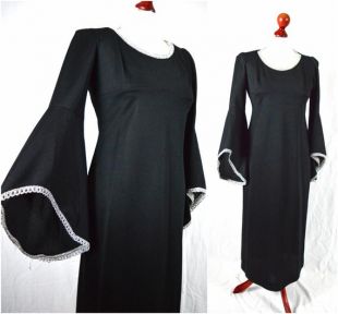 70s/60s Noir et argent tressage cloche flare manche manche scoop cou sorcellerie maxi ou midi robe taille S
