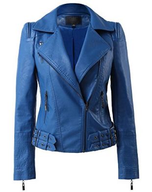 Beninos Womens Faux Leather Zip Up Moto Biker Jacket with Many Details (H102 Blue, L)