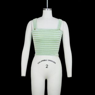 Vintage 1950s Crop Top - Stretch Tank - Striped - Metal Stud - Green White - Square Neck - Midriff Shirt - Extra Small / Small XS