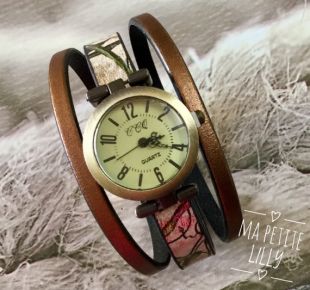 Montre originale femme . Montre bracelet manchette  ronde  métal bronze bracelet   en cuir marron et Multicolore  original