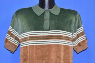 70s Left Bank Velour Green Brown Men’s Polo Shirt Medium vintage