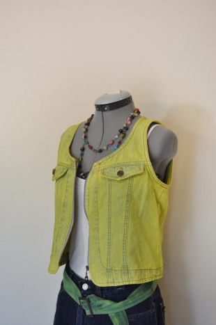 Yellow Jrs. Large Denim VEST - Lemon Yellow Dyed Upcycled Expressions Cropped Denim Vest - Adult Womens Juniors Size Large (36" poitrine)