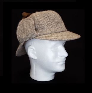 Deerstalker Hat Size XL Sherlock Holmes Cap Jacob Wool Green Grove Weavers UK Tweed Beige Herringbone 21.5" Circonférence