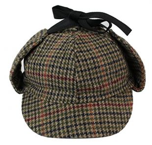 Classic Sherlock Holmes Tweed Herringbone Check Wool Vintage Hat Cap Deerstalker Tan-Brown
