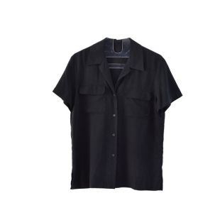 BLACK RAYON BLOUSE m l 90s vintage Short Sleeve bouton vers le bas chemise avant w Pockets col minimaliste tencel haut moyen grand