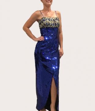 Blue Sequin Long Maxi Dress/Formal Sequin and Gold Beaded Dress/ Silk Prom Dress/Gold Sequin Holiday Dress/Pearls Gold Beading/ Long Dress