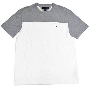 Tommy Hilfiger Color Block Crew Neck Short Sleeve Flag Logo T-Shirt (Grey/White, Small)